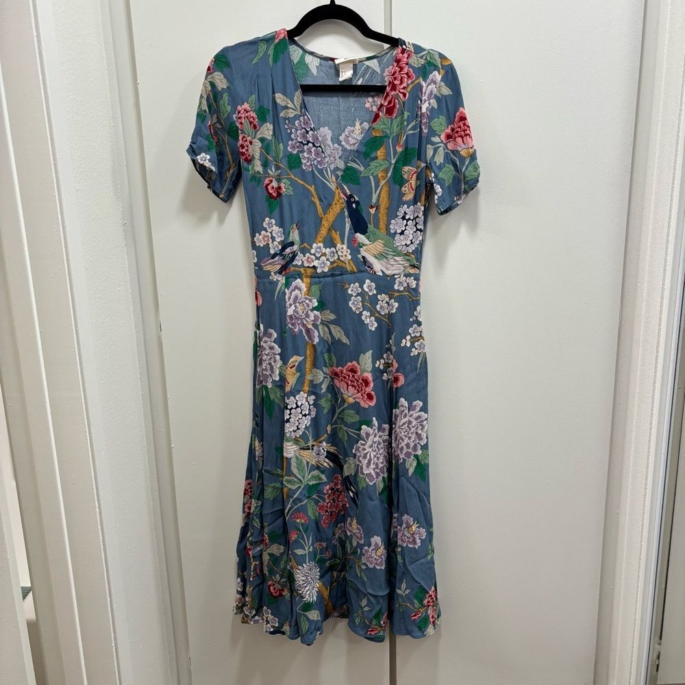GP & J Baker x H&M Sz 4 Dusky Blue Floral Birds Print Midi Dress